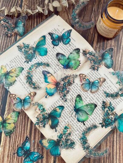 30pcs/Pack Waterproof Butterfly, Moon & Flower Collage Stickers For Scrapbooking, Journaling, And Diy Decoration,School Supplies,Back To School
