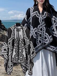 Women's Metallic Thread Open Front Split Shawl, All Seasons - Black and White - View 5