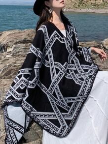 Women's Metallic Thread Open Front Split Shawl, All Seasons - Black and White - View 4