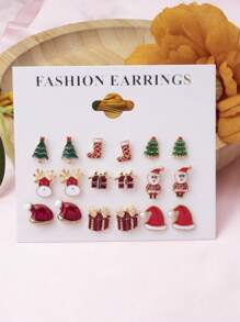 1張9對簡潔多功能的歐美聖誕鹿&聖誕老人&帽子耳針,可愛卡通油滴耳環,禮物 - 彩色 - 查看 1
