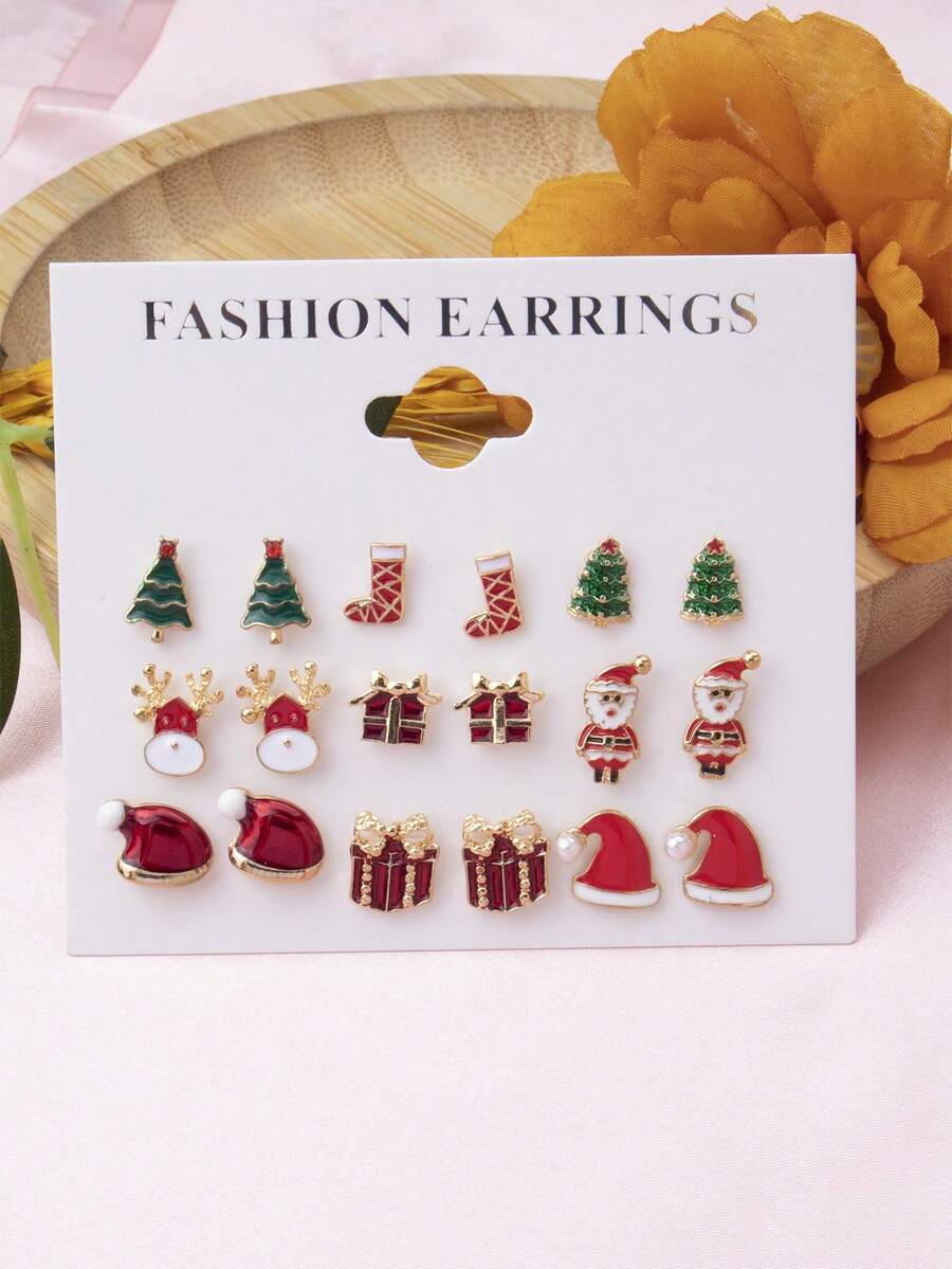 1張9對簡潔多功能的歐美聖誕鹿&聖誕老人&帽子耳針,可愛卡通油滴耳環,禮物 - 彩色 - 查看 1
