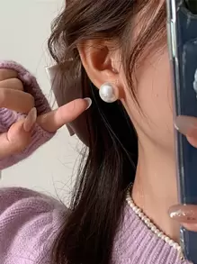 1Pair Flat Large Faux Pearl Stud Earrings High Glossy Hypoallergenic Earring Jewelry Gifts For Women Girls - White - View 1