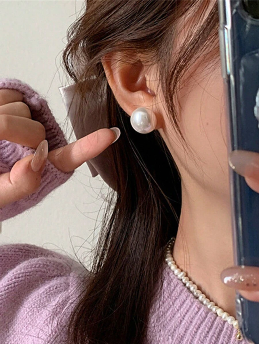 1Pair Flat Large Faux Pearl Stud Earrings High Glossy Hypoallergenic Earring Jewelry Gifts For Women Girls - White - View 1