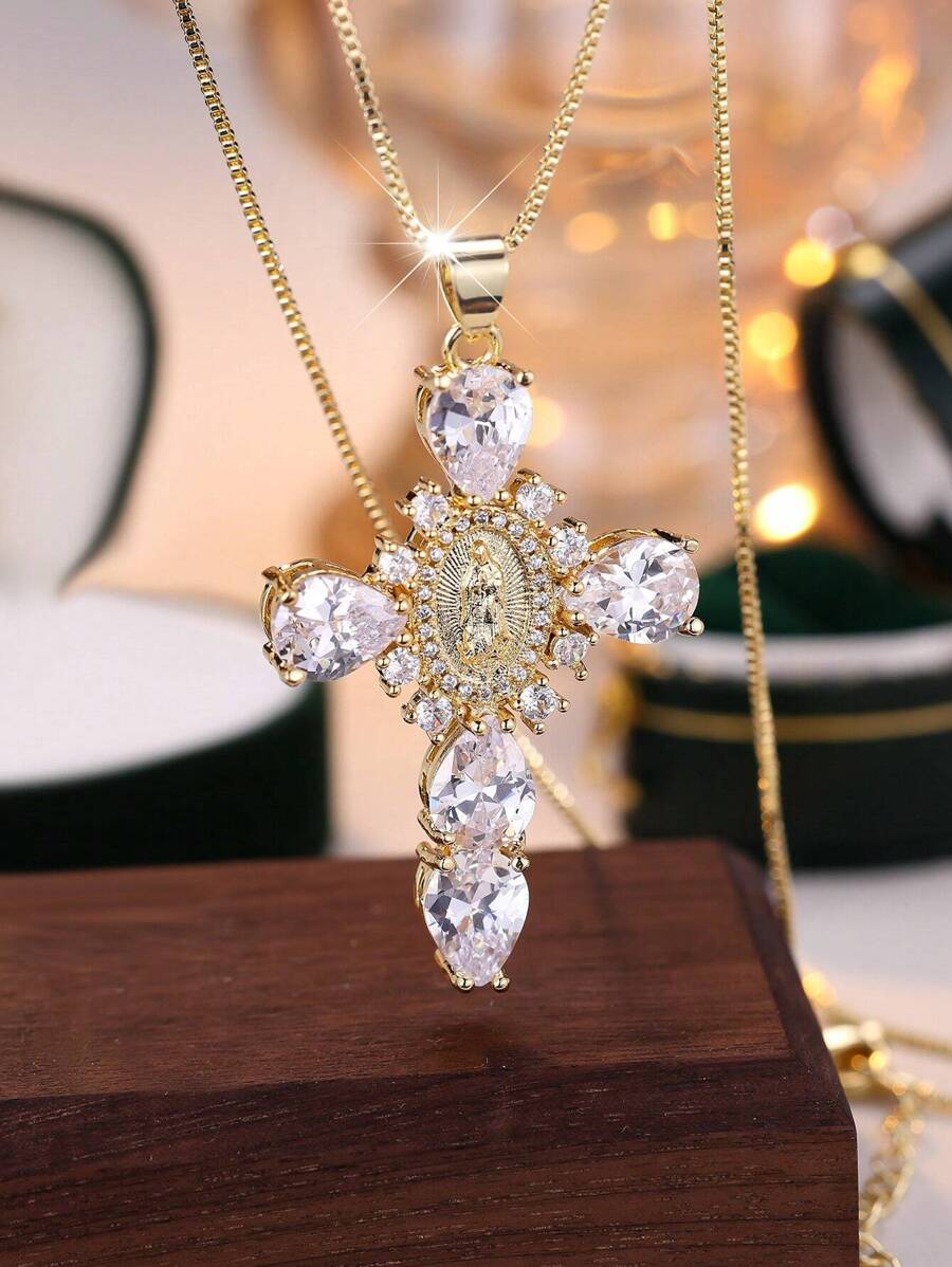 Tsnamer 1件复古椭圆形圣母玛利亚立方氧化锆十字架吊坠项链铜饰