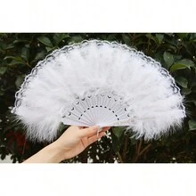 1入組白色羽毛和花邊雙面折疊扇帶吊飾,紅茶會用於萬聖節盛裝晚宴的照片道具,1920年代派對diy照片道具 - 白色 - 查看 1