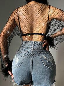 Của phụ nữ Gợi cảm Ngọc trai Giả Pha lê Lưới trong suốt Lưới Lưới Lông vũ Dài Áo thun Top Cây trồng - màu đen - Xem 7