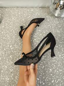 女士黑色高跟泵鞋,尖頭針跟派對鞋,心形網眼設計,甜美、舒適、柔軟、優雅 - 黑色 - 查看 2