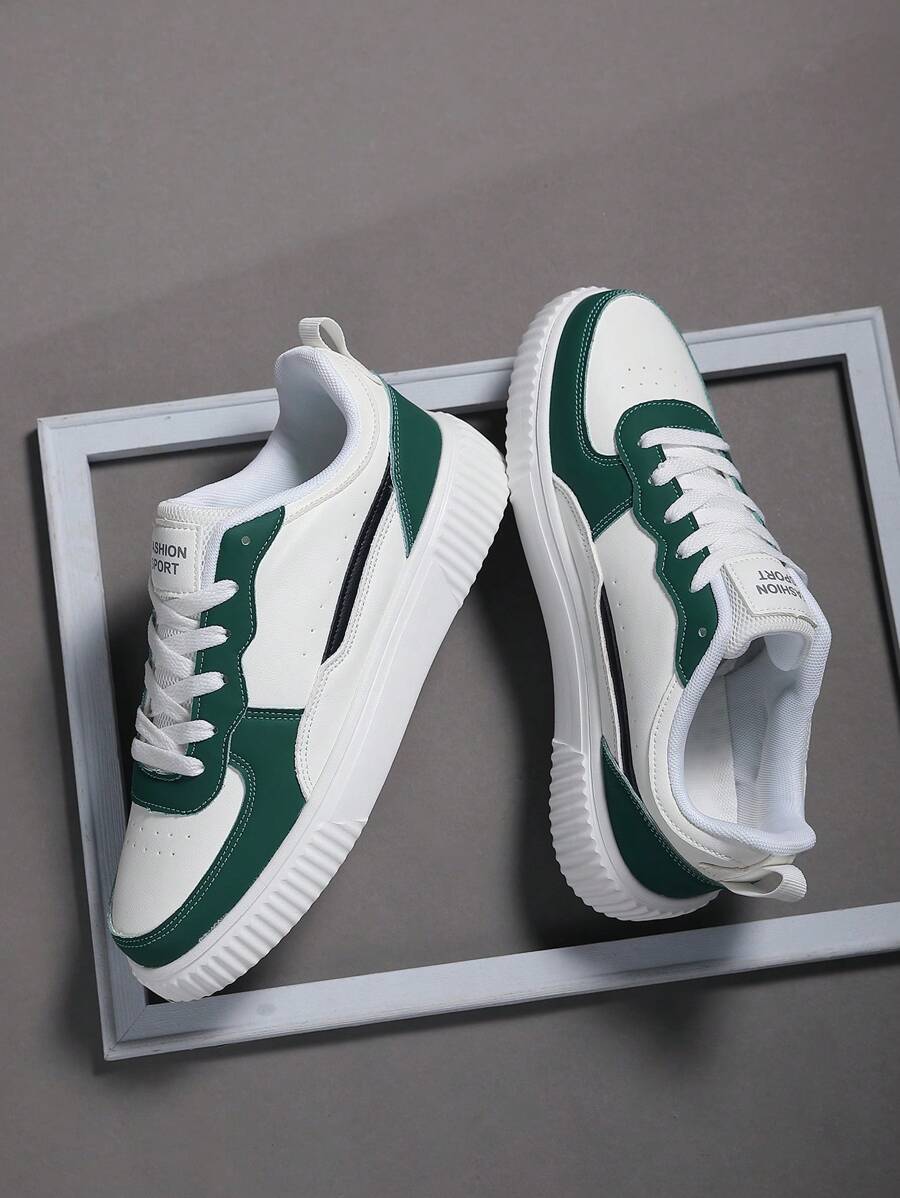 男士运动鞋，男士休闲鞋，时尚个性街头学生帅气鞋，系带男鞋，男士滑板鞋 - 白綠 - 查看 1
