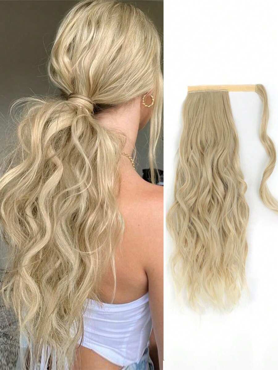 馬尾辮插件髒金色馬尾卷曲波浪環繞夾式髮片,合成高強纖維假髮,適合白人女性 - 金色 - 查看 1