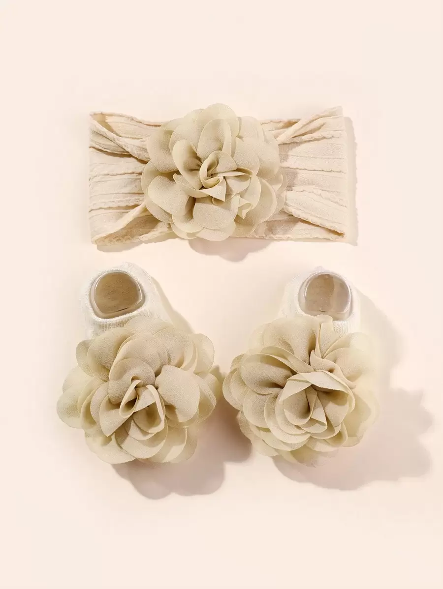 1 套女婴头带和袜子套装，包括弹性花卉尼龙头带和雪纺花朵装饰袜子爱情人节 - 駝色 - 查看 1