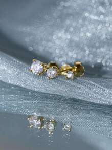 SereneSpark 3pcs S925 Sterling Silver Petite Colorful Crystal Stud Earrings, Unisex, Suitable For Party Wear, Exquisite Jewelry - Gold - View 6