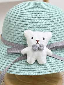1set Girls' Cartoon Bear Design Suit Including Woven Hat, Princess Bag, Sun Protection Hat, Perfect For Daily Wear, Summer - Green - View 2