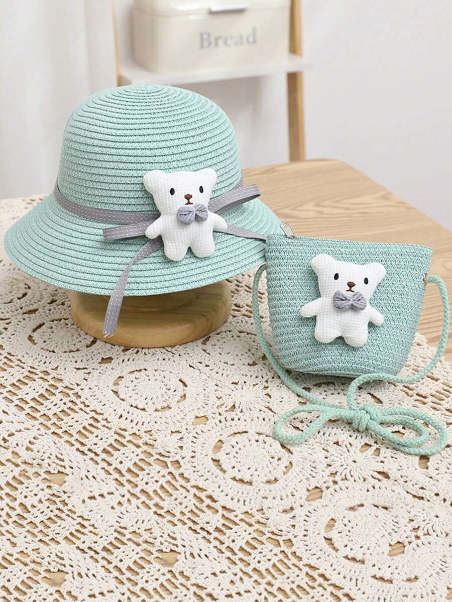 1set Girls' Cartoon Bear Design Suit Including Woven Hat, Princess Bag, Sun Protection Hat, Perfect For Daily Wear, Summer - Green - View 1