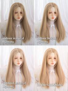1pc Bloned Center Part Long Straight Synthetic Wig Hairpiece, 26 Inches, Heat Resistant Fiber, Suitable For Daily Use With Natural Look. - Gold - View 9