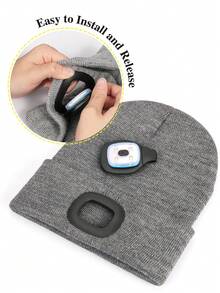 灰色帽子帶燈,usb可充電led發光帽子,男女通用的冬季保暖針織帽子,適用於夜行、釣魚、露營、狩獵等活動 - 灰色 - 查看 2