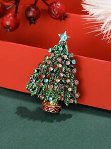 1pc Fashionable Rhinestone Christmas Tree Shaped Brooch Suitable For Christmas Wearing - Green - View 3
