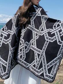 Women's Metallic Thread Open Front Split Shawl, All Seasons - Black and White - View 2