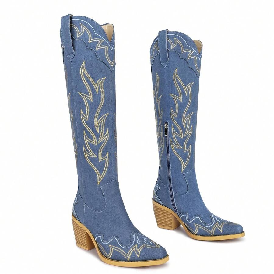 ISNOM Knee High Cowboy Cowgirl Boots For Women, With Unique Embroidery, Side Zipper And Chunky Heel Design - 藍色 - 查看 1
