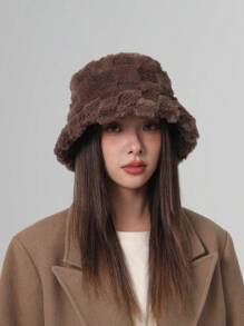 1pc Women's Fashionable Coffee Color Checkboard Bucket Hat For Daily Wear, Autumn/Winter Warm Bucket Hat - Coffee Brown - View 1