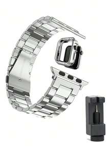 2 Pcs/Set Watch Band And Watch Case Compatible With Rugged Men's Outdoor Smartwatches, Fits Ultra SE 8 7 6 5 4 3 2 1 Series 38mm 41mm 42mm 44mm 45mm 49mm, For Men And Women, Stainless Steel Metal Strap And TPU Soft Hollow Watch Case In Gold, Black, Silver