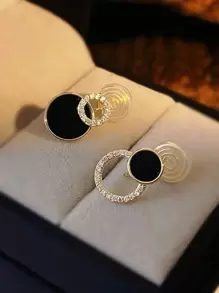 1 Paar Asymmetrische Glänzende Doppelte Kreis Ohrstecker Cut Out Runde Schwarze Ohrstecker Strass Accessoires Für Frauen Ohr Schmuck