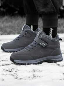 男士灰色冬季保暖内衬防滑雪地靴，户外休闲舒适运动鞋，日常穿着，登山靴，高帮时尚摩托车靴，大码 - 黑色 - 查看 1