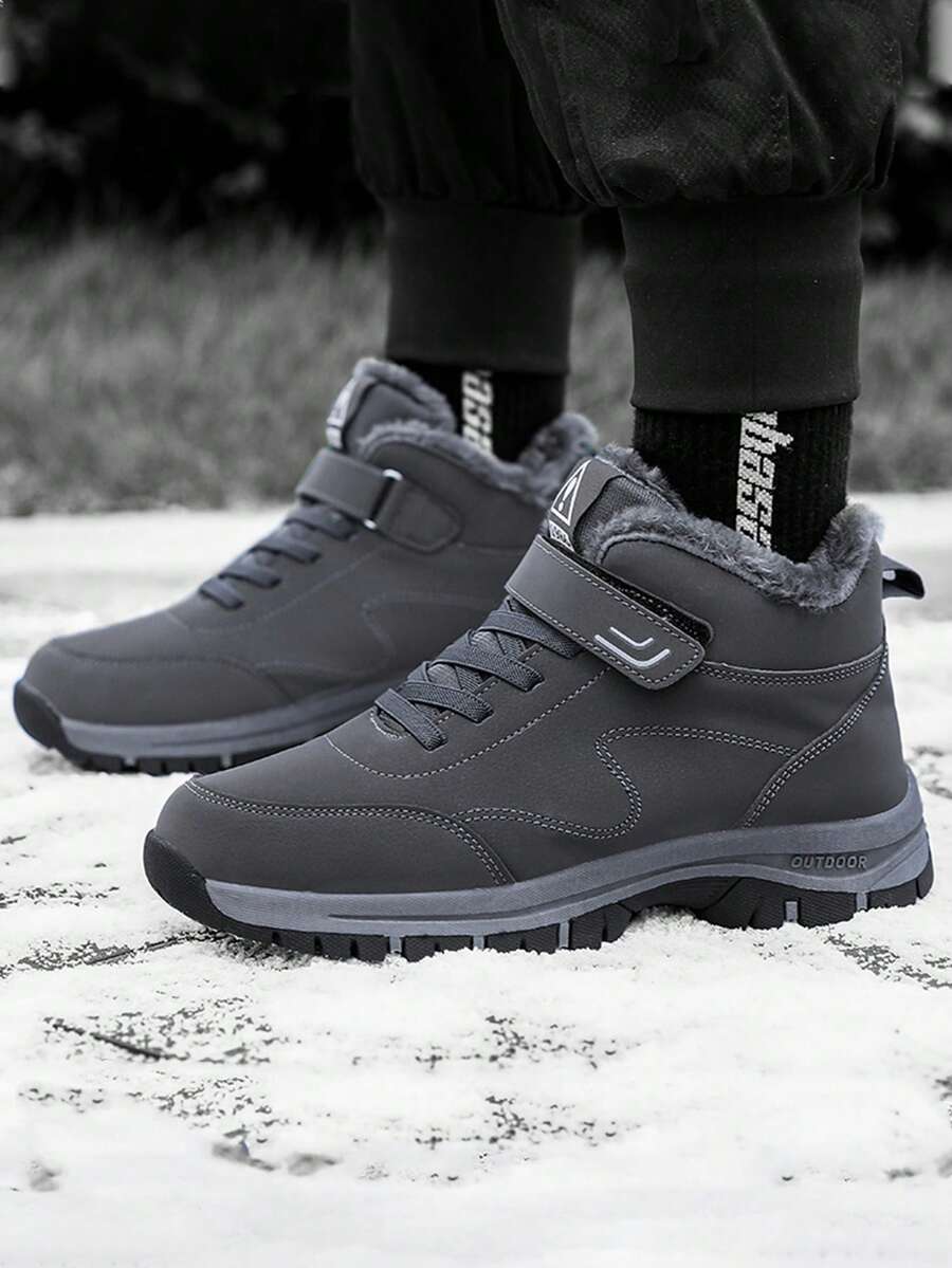 男士灰色冬季保暖内衬防滑雪地靴，户外休闲舒适运动鞋，日常穿着，登山靴，高帮时尚摩托车靴，大码 - 黑色 - 查看 1