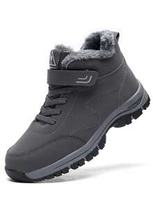 男士灰色冬季保暖内衬防滑雪地靴，户外休闲舒适运动鞋，日常穿着，登山靴，高帮时尚摩托车靴，大码 - 黑色 - 查看 3