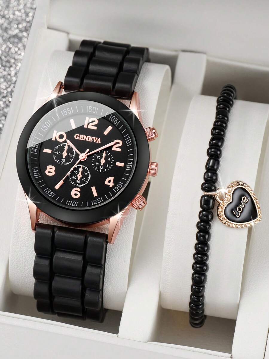 女士石英腕錶,帶矽膠錶帶、三個小錶盤和愛心串珠手鍊套裝(2 件/套)