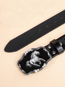 1根印花黑色帶扣皮帶,適合男女款,適合日常穿著,西部牛仔風格,適用於牛仔褲和其他休閒服裝 - 黑色 - 查看 3