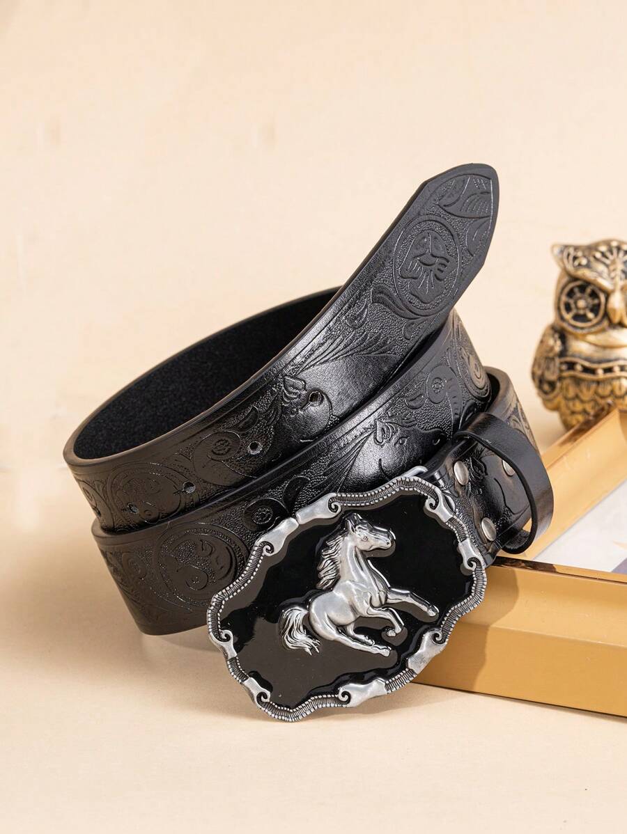 1根印花黑色帶扣皮帶,適合男女款,適合日常穿著,西部牛仔風格,適用於牛仔褲和其他休閒服裝 - 黑色 - 查看 1