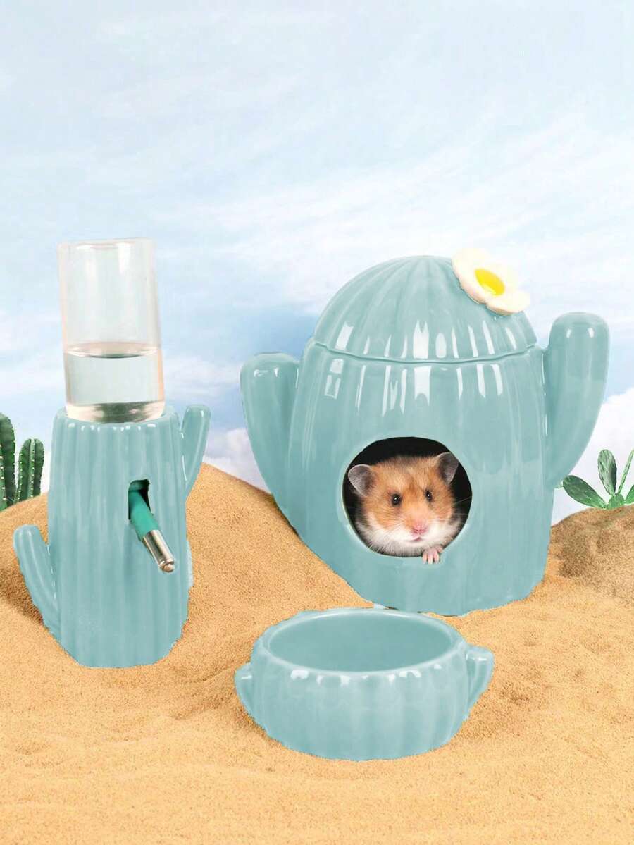 1入組仙人掌形狀陶瓷碗和水瓶套裝-適用於倉鼠,適用於家用 - 藍色 - 查看 1