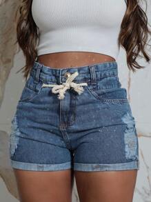 Women Denim Shorts - 中等水洗藍 - 查看 1