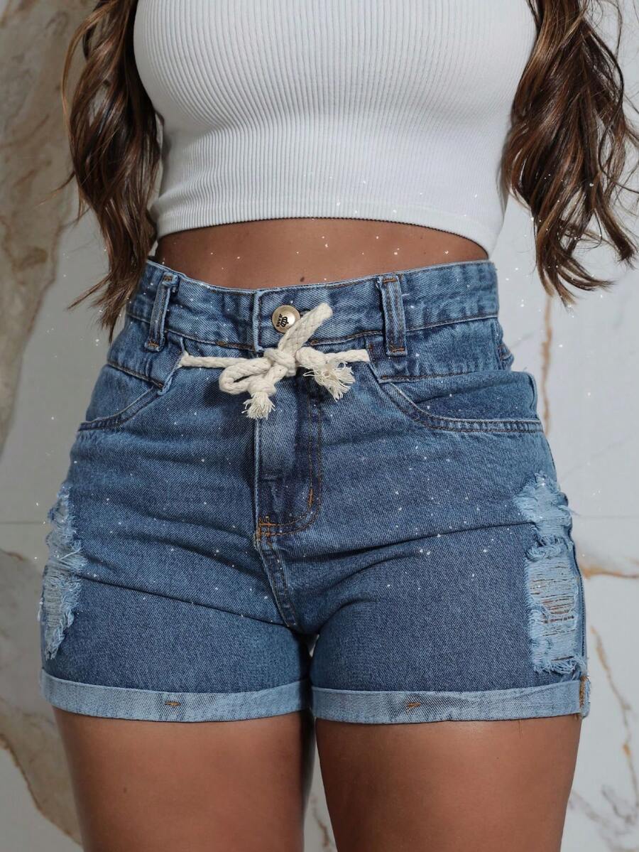 Women Denim Shorts - 中等水洗藍 - 查看 1