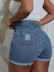 Women Denim Shorts - 中等水洗藍 - 查看 4