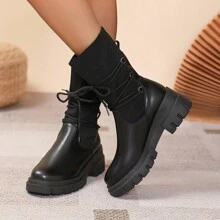 女士彈性踝靴,摩托風格,時尚修身靴子,舒適防滑 - 黑色 - 查看 3