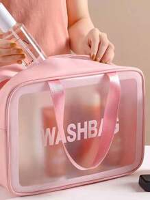 Bolsa para almacenamiento impermeable cosmetiquera neceser portátil para viaje de mano practico facil de lavar con agarradera organizador transparente - Rosa - Ver 3