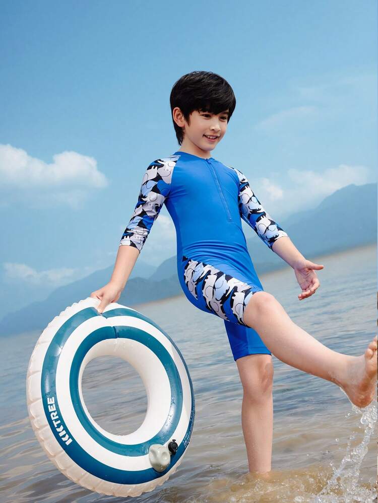 Annil Boys Summer Beach Half Sleeve One-Piece Swimsuit  With Swimming Cap Kids Swimsuit 2-Piece Set Royal Blue