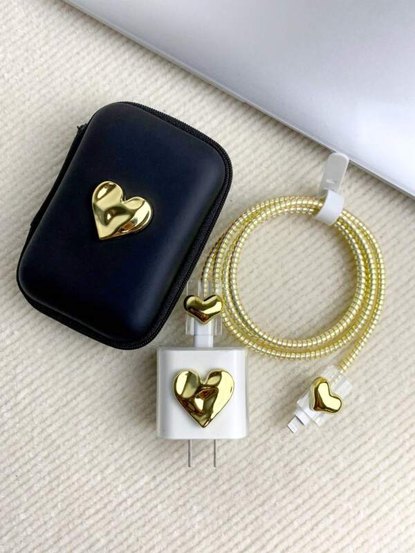 6pcs/set 3d Heart Design Charger Protective Covers, Cable Organizer Bag For Chargers, Data Cables
