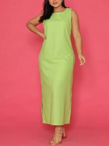 Vestido Linho Liso Feminino Longo Forrado Alça Larga Fenda Lateral Vestido Elegante - Verde Limão - Visão 4