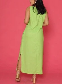 Vestido Linho Liso Feminino Longo Forrado Alça Larga Fenda Lateral Vestido Elegante - Verde Limão - Visão 3