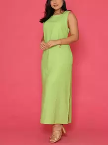 Vestido Linho Liso Feminino Longo Forrado Alça Larga Fenda Lateral Vestido Elegante - Verde Limão - Visão 6
