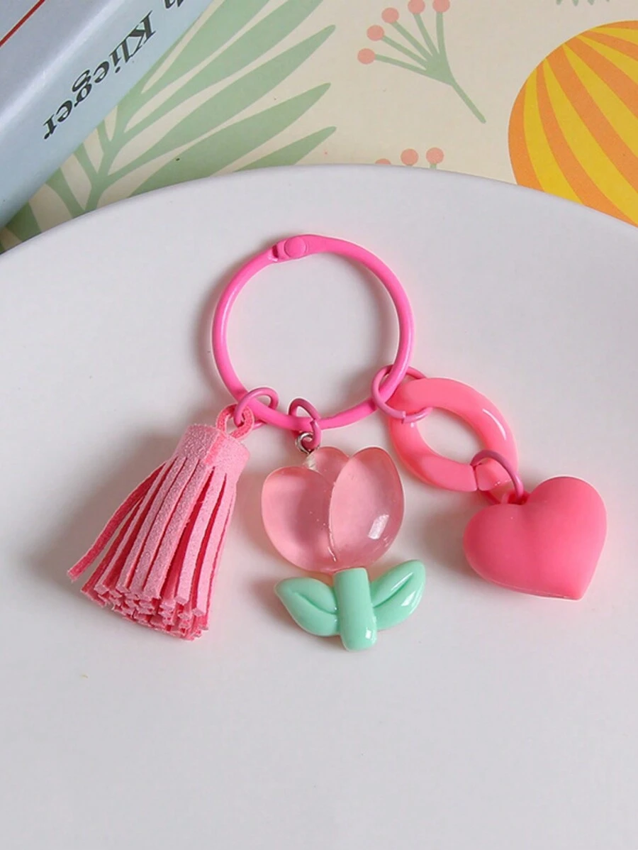 1 件新鲜郁金香和心形树脂钥匙扣吊坠，适用于包包和钥匙包配饰配饰装饰，适合少女、女士、大学生、新秀和白领人士，汽车配饰女士钥匙扣吊饰，可爱钥匙扣学校用品，教师礼物，返校教师配饰钩针配饰 - 玫紅色 - 查看 1