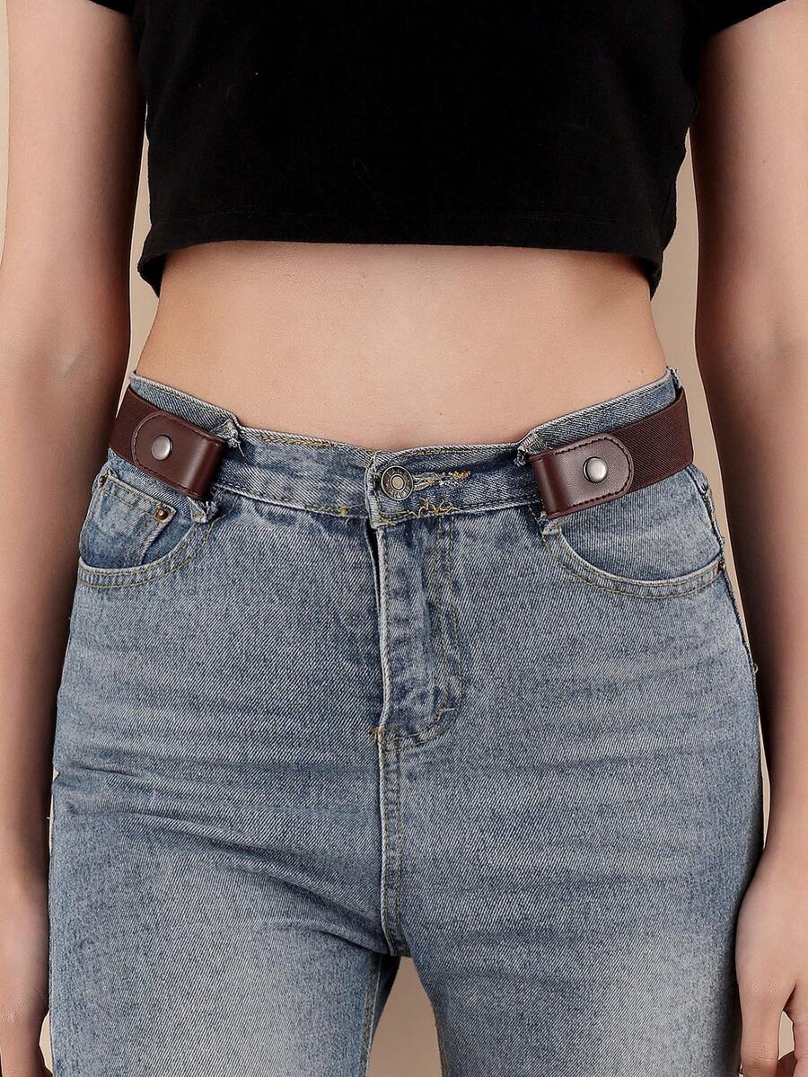 1pc Adjustable Buckle Free Belt Stretch Belt Invisible Belt Buckless Elastic Belt For Women - Brown - View 1