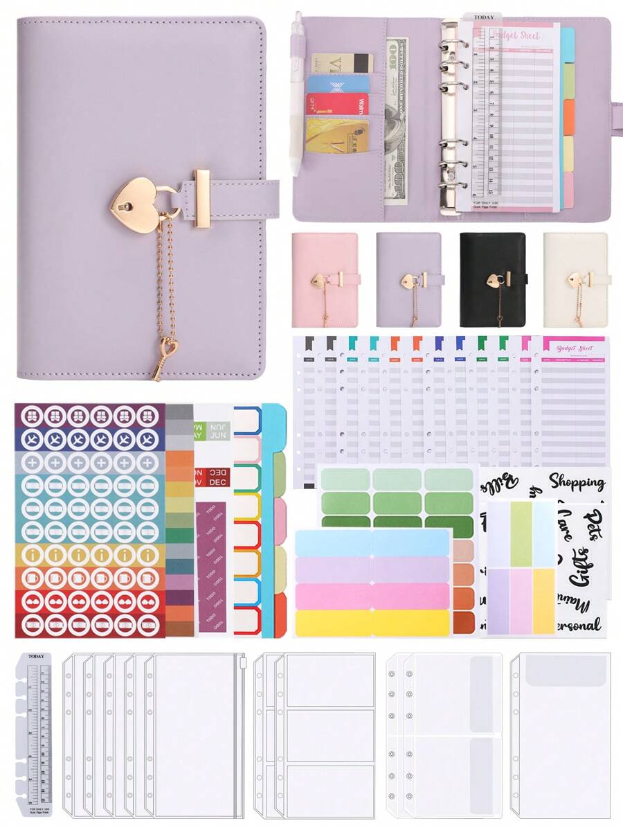 A6 PU 皮革可锁预算夹，笔记本电脑钱包存储设备，配备 38 种现金信封、预算表、自粘标签和文具 - 紫色 - 查看 1