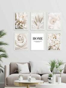 6 件米色藝術印刷品花卉印刷圖片牡丹玫瑰壁畫浪漫帆布海報小麥牆藝術畫北歐牆壁海報客廳裝飾無框 - 彩色 - 查看 2