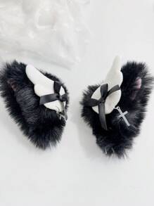 Cute 2pcs/1pair Cat Ear & Wing Shaped Hair Clips With Plush Edge For Hair Accessories In Surprise/Lolita Style - Black and White - View 6