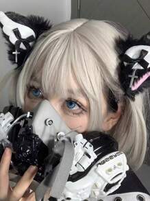 Cute 2pcs/1pair Cat Ear & Wing Shaped Hair Clips With Plush Edge For Hair Accessories In Surprise/Lolita Style - Black and White - View 1