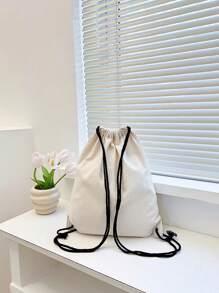 nuevo Bolsa de lona espalda con cordón manojo bolsillos compras alumno Mochila Bolso - Blanco - Ver 6