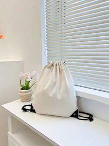 nuevo Bolsa de lona espalda con cordón manojo bolsillos compras alumno Mochila Bolso - Blanco - Ver 5